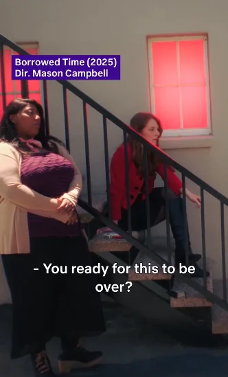 Borrowed Time vertical promo: two actors on a fire escape stair